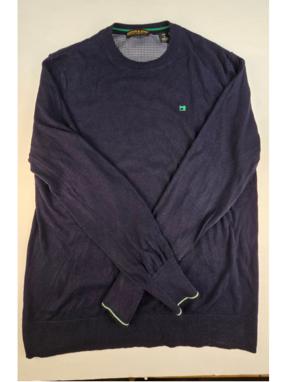 Scotch & Soda Men’s Medium Navy Crewneck Knit Sweater Green Logo Pullover